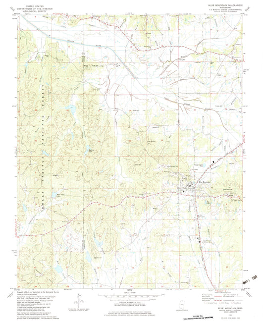 Classic USGS Blue Mountain Mississippi 7.5'x7.5' Topo Map Image