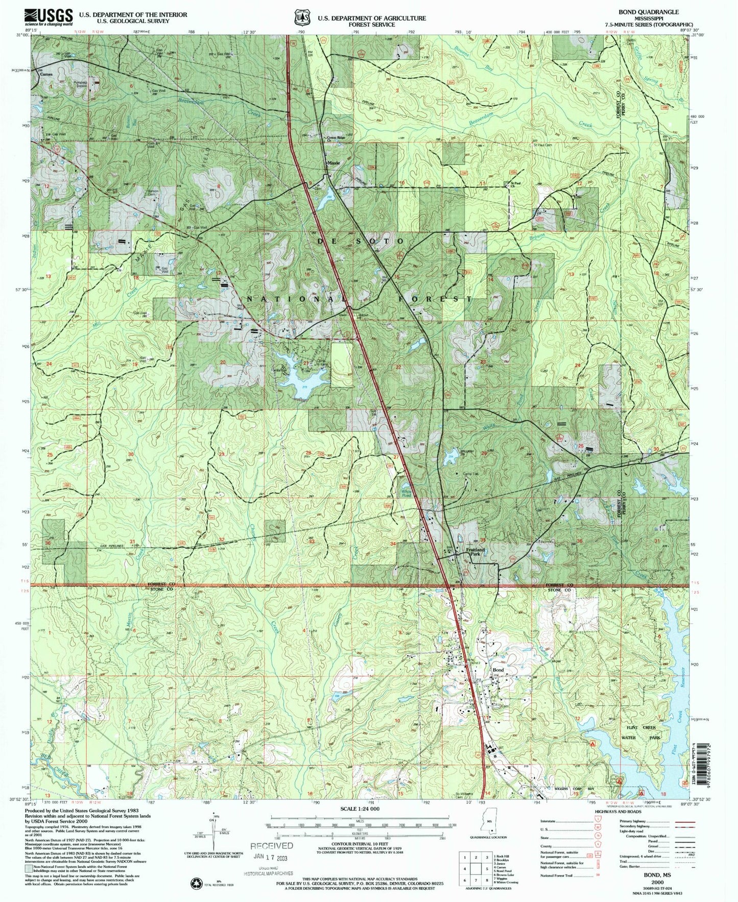 Classic USGS Bond Mississippi 7.5'x7.5' Topo Map Image