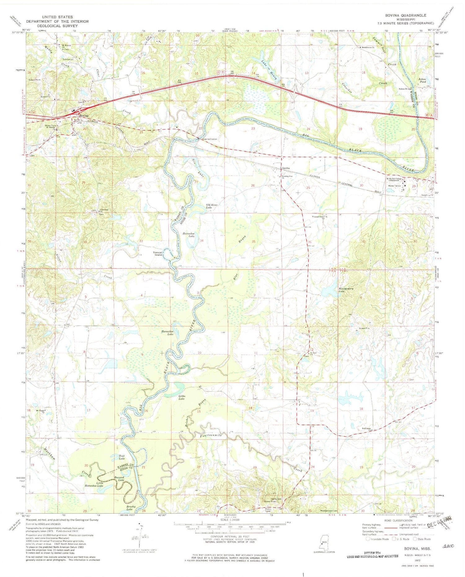 Classic USGS Bovina Mississippi 7.5'x7.5' Topo Map Image