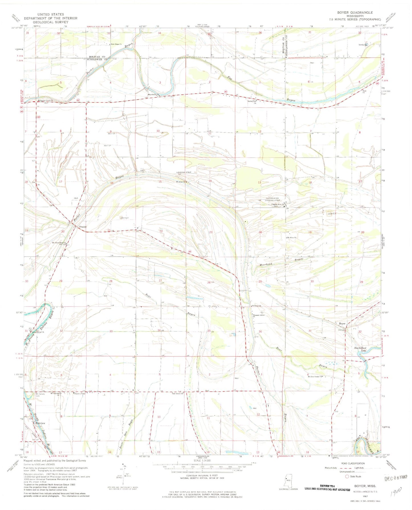 Classic USGS Boyer Mississippi 7.5'x7.5' Topo Map Image