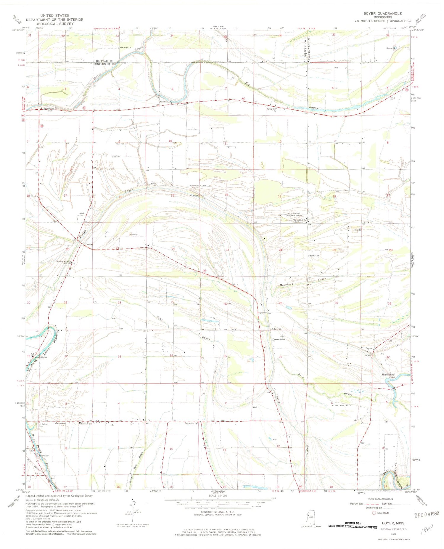 Classic USGS Boyer Mississippi 7.5'x7.5' Topo Map Image