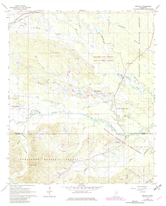 Classic USGS Bradley Mississippi 7.5'x7.5' Topo Map Image