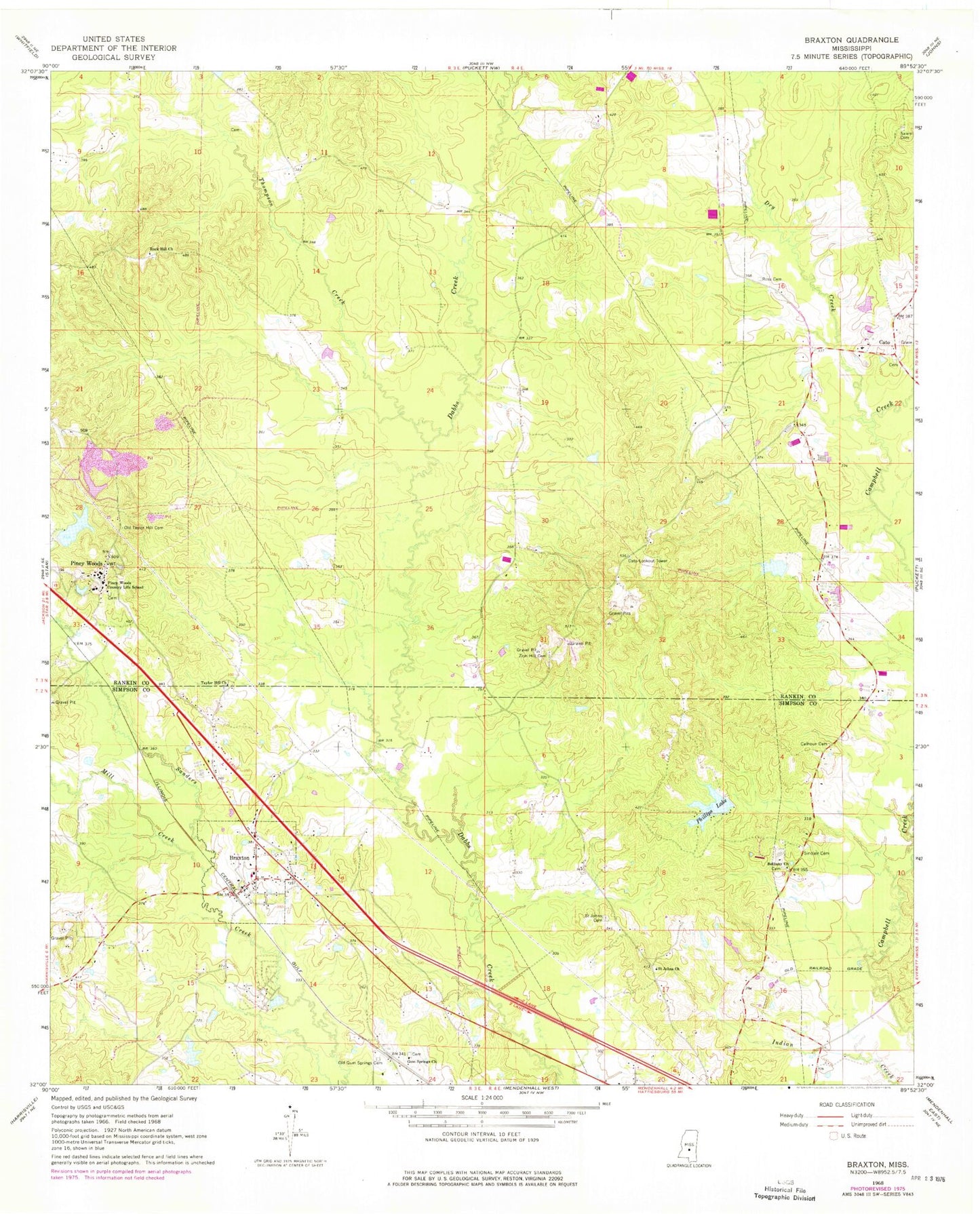 Classic USGS Braxton Mississippi 7.5'x7.5' Topo Map Image