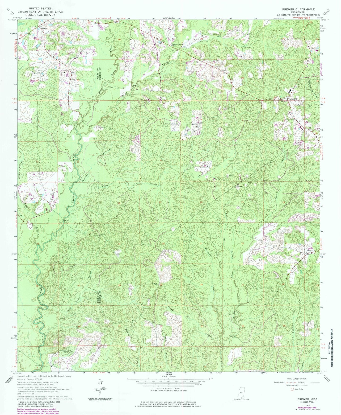 Classic USGS Brewer Mississippi 7.5'x7.5' Topo Map Image