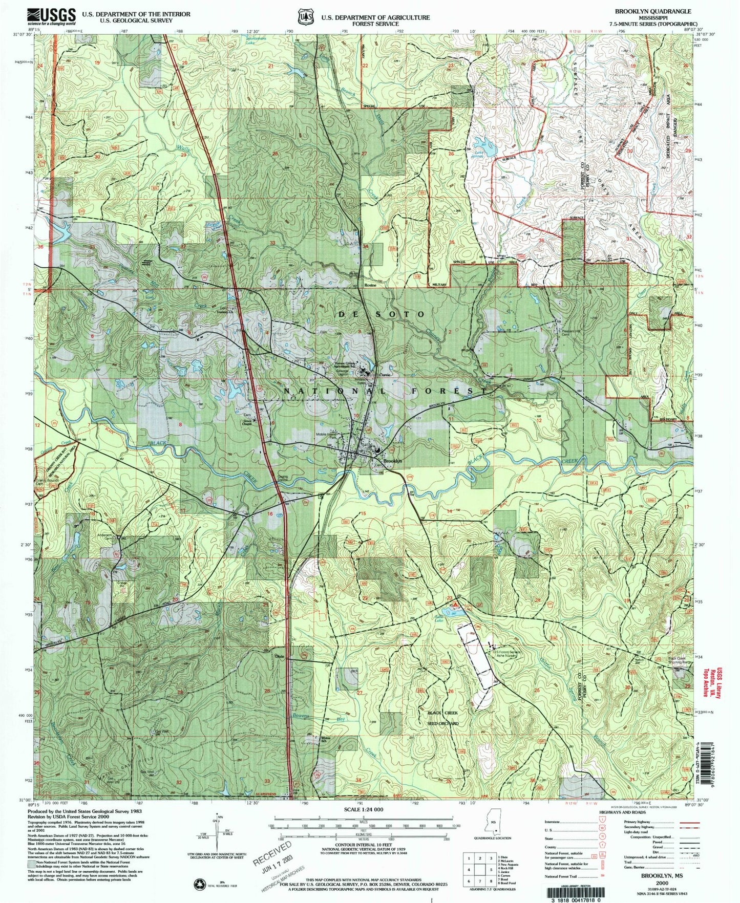 Classic USGS Brooklyn Mississippi 7.5'x7.5' Topo Map Image