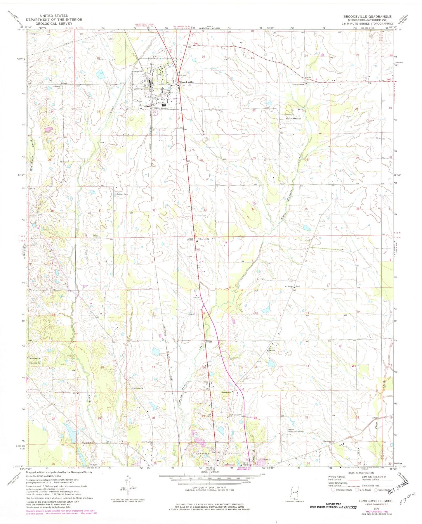Classic USGS Brooksville Mississippi 7.5'x7.5' Topo Map Image