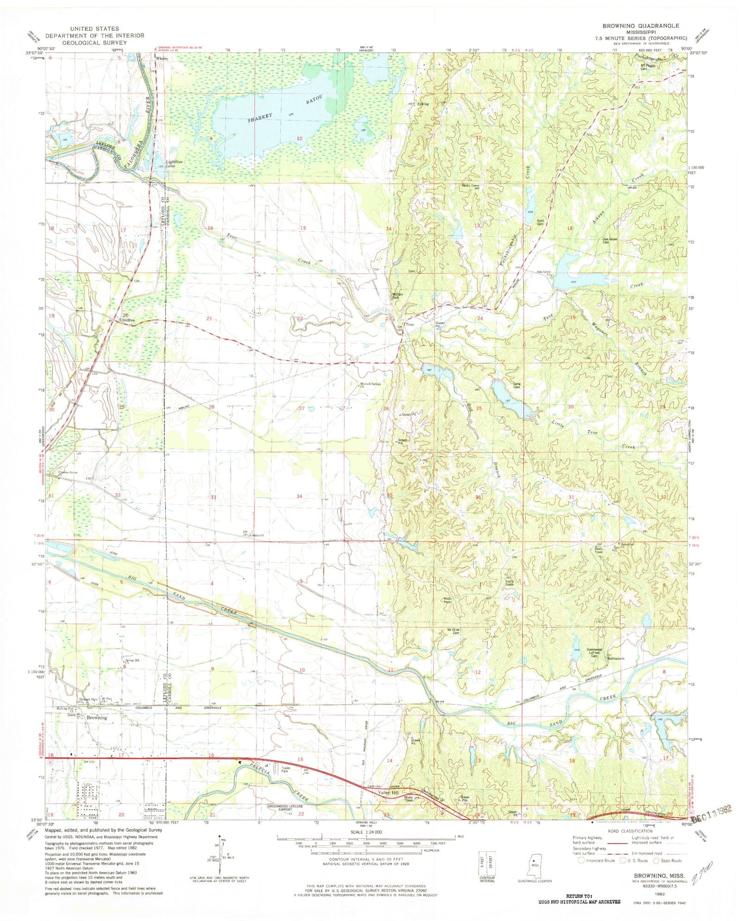 Classic USGS Browning Mississippi 7.5'x7.5' Topo Map Image