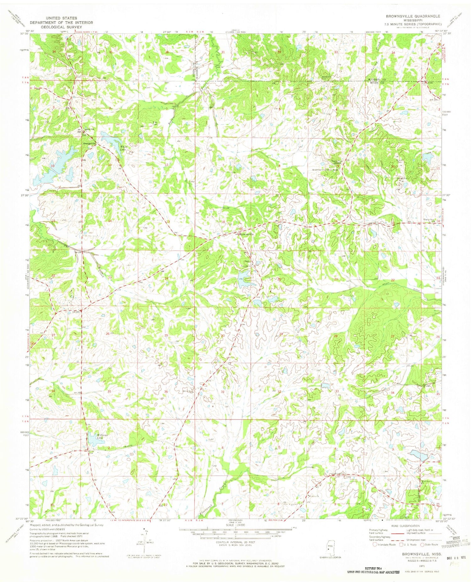 Classic USGS Brownsville Mississippi 7.5'x7.5' Topo Map Image