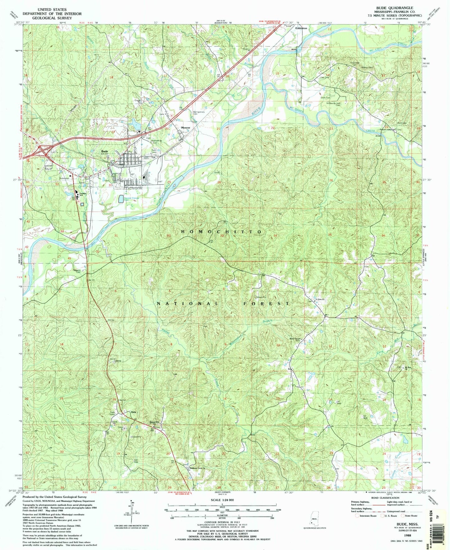 Classic USGS Bude Mississippi 7.5'x7.5' Topo Map Image