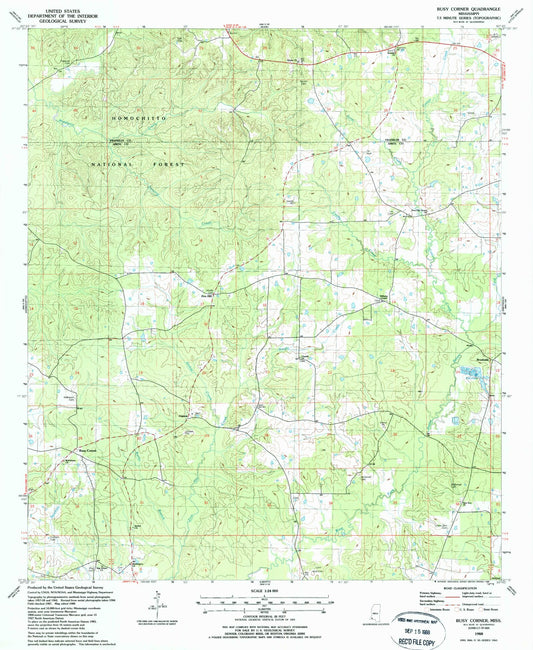 Classic USGS Busy Corner Mississippi 7.5'x7.5' Topo Map Image