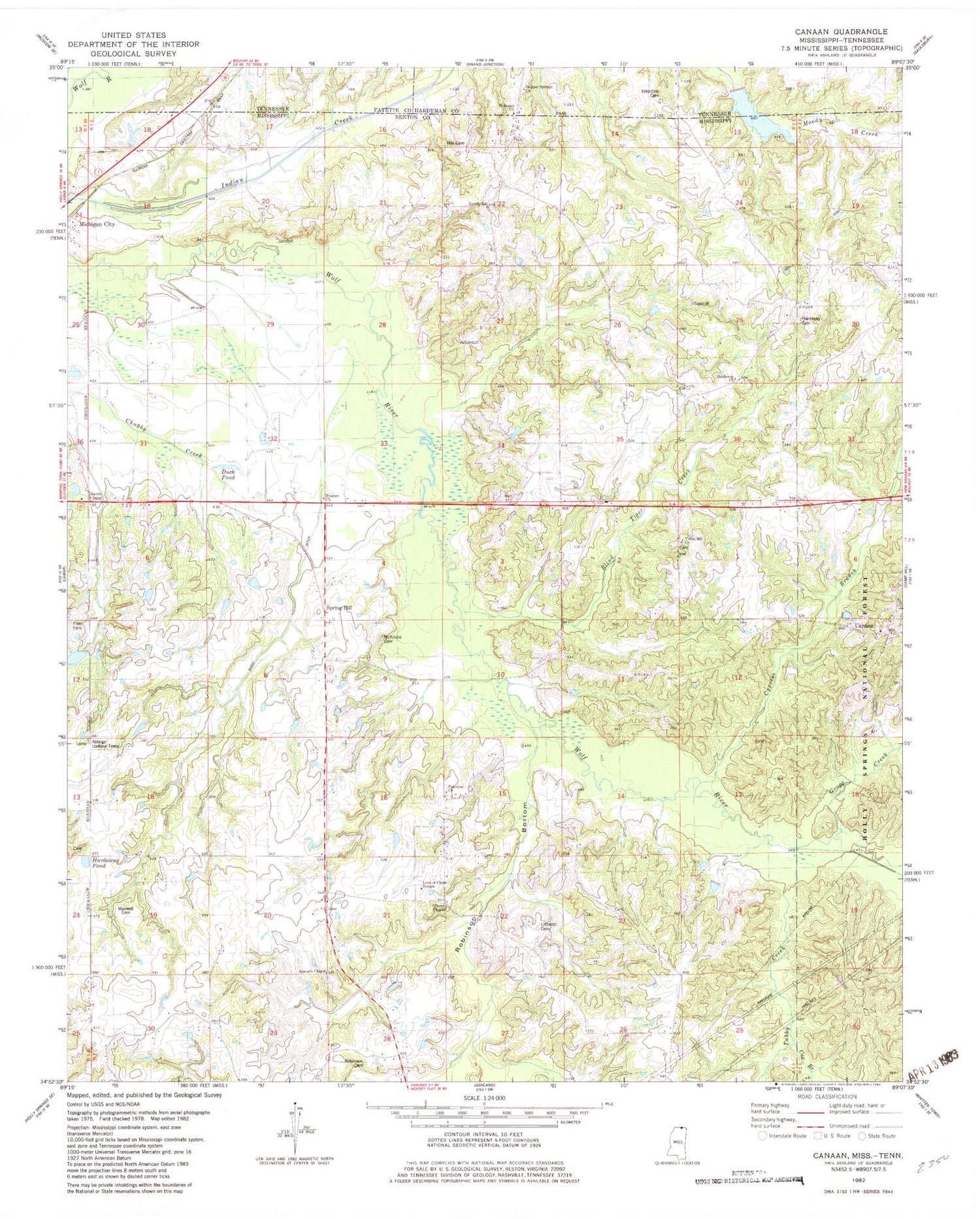 Classic USGS Canaan Mississippi 7.5'x7.5' Topo Map Image