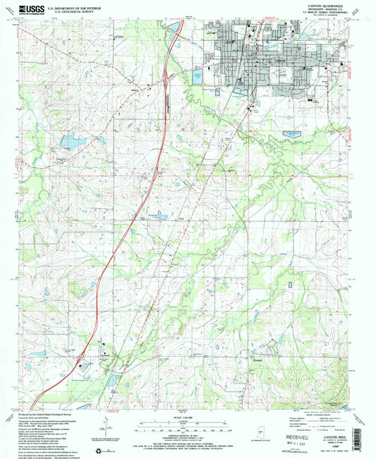 Classic USGS Canton Mississippi 7.5'x7.5' Topo Map Image