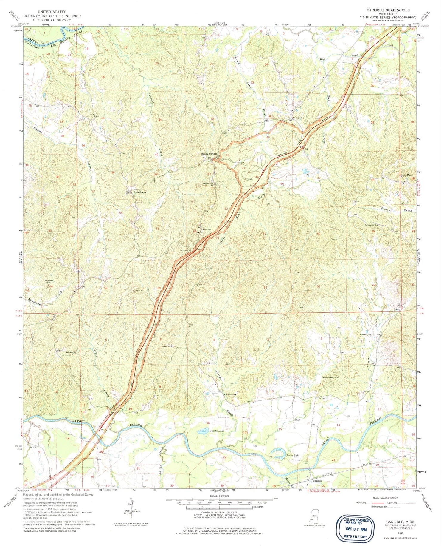 Classic USGS Carlisle Mississippi 7.5'x7.5' Topo Map Image