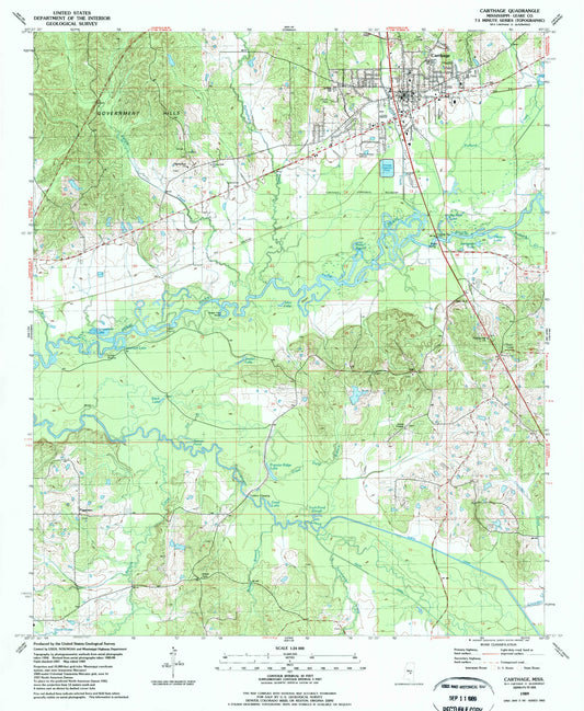 Classic USGS Carthage Mississippi 7.5'x7.5' Topo Map Image