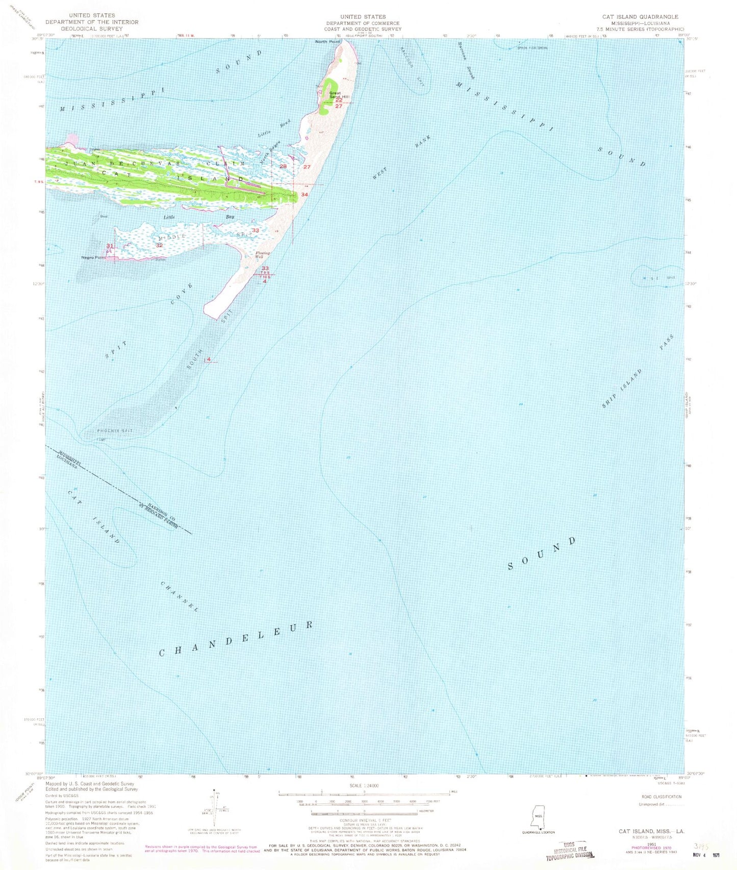 Classic USGS Cat Island Mississippi 7.5'x7.5' Topo Map Image