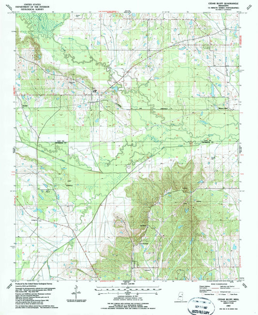 Classic USGS Cedar Bluff Mississippi 7.5'x7.5' Topo Map Image