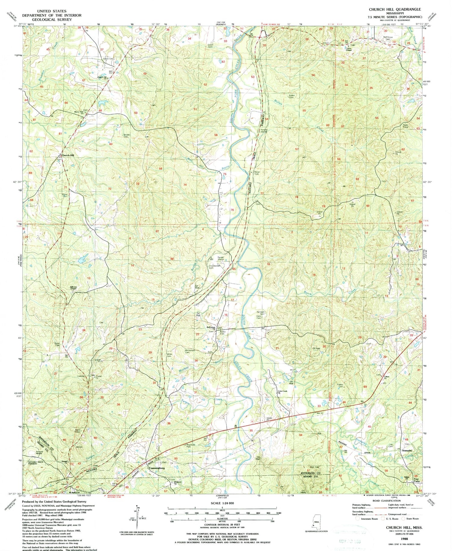 Classic USGS Church Hill Mississippi 7.5'x7.5' Topo Map Image