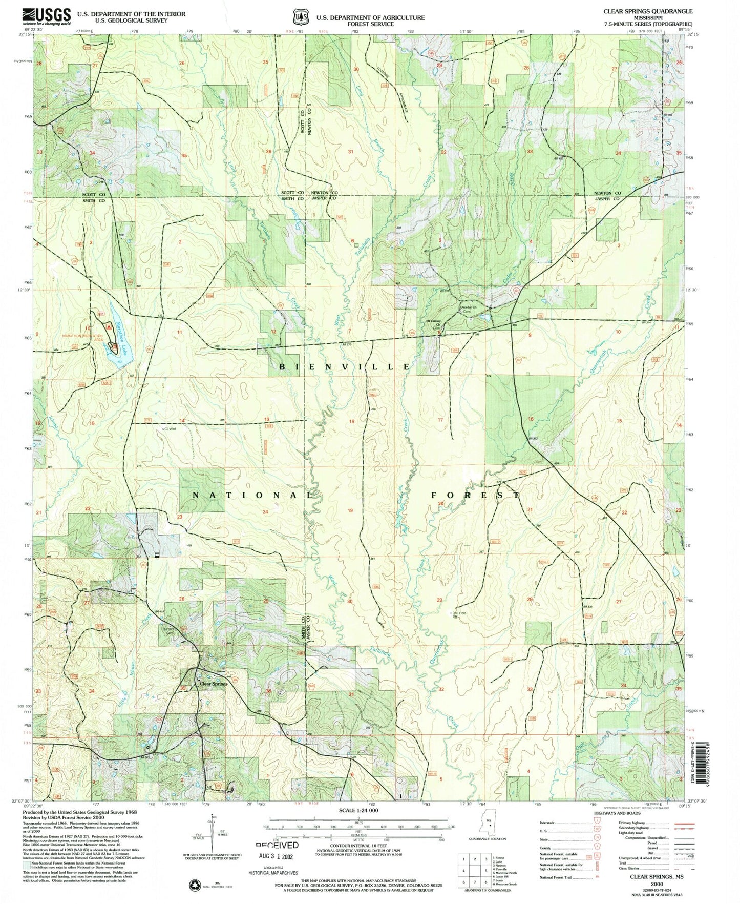 Classic USGS Clear Springs Mississippi 7.5'x7.5' Topo Map Image