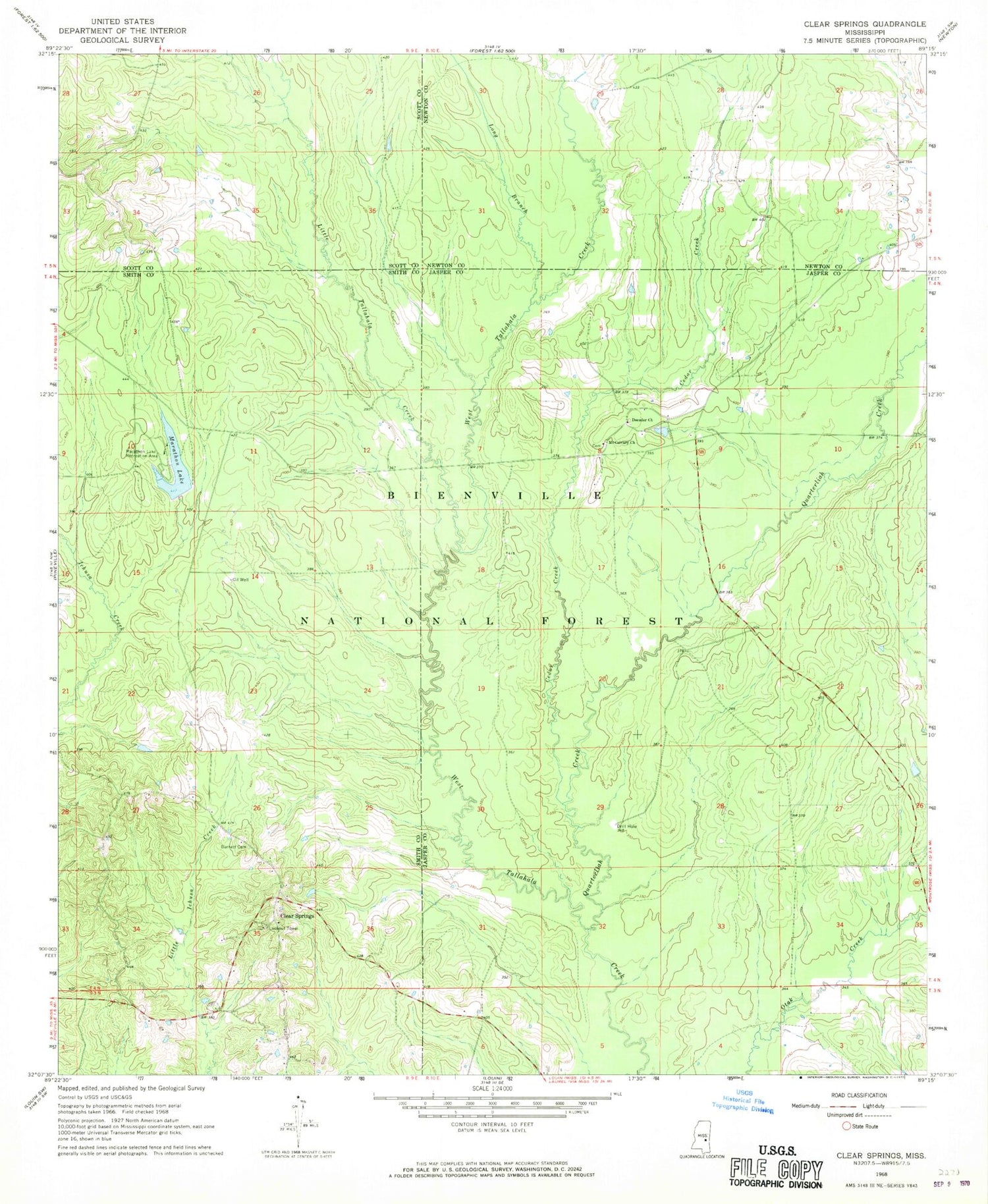 Classic USGS Clear Springs Mississippi 7.5'x7.5' Topo Map Image