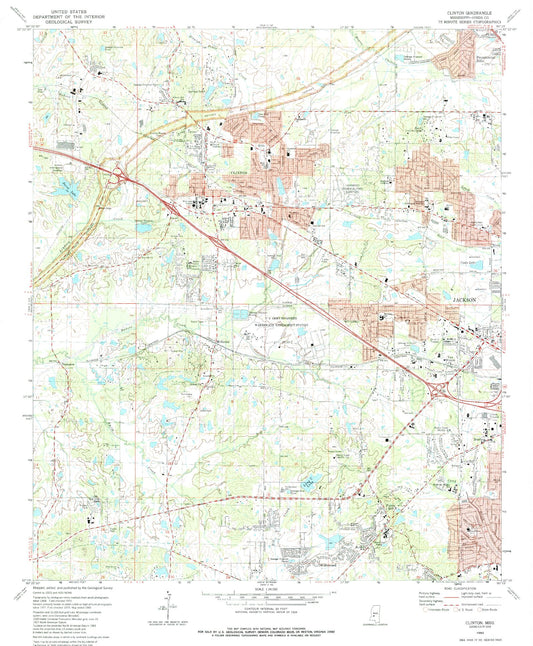 Classic USGS Clinton Mississippi 7.5'x7.5' Topo Map Image