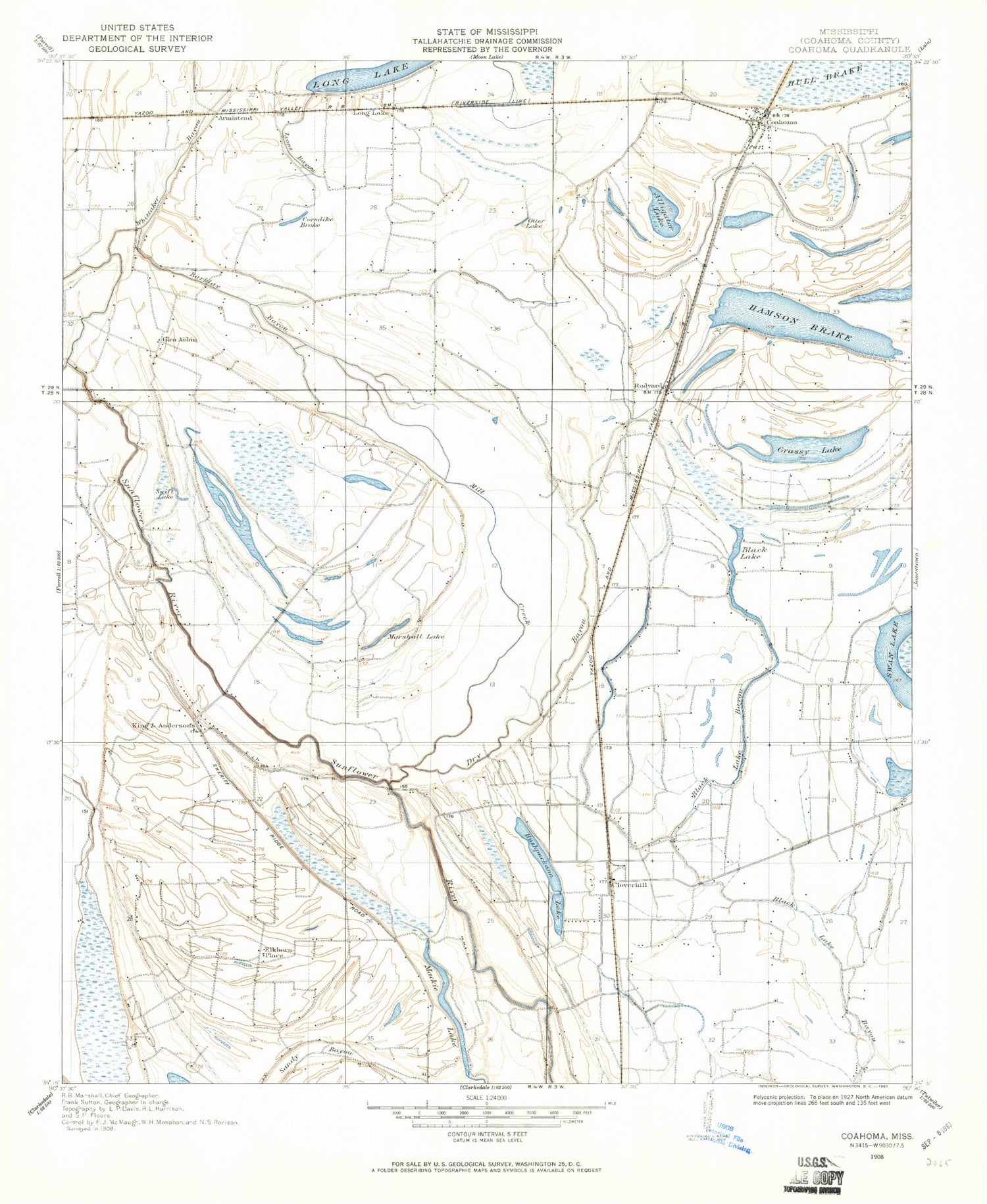 Classic USGS Coahoma Mississippi 7.5'x7.5' Topo Map Image