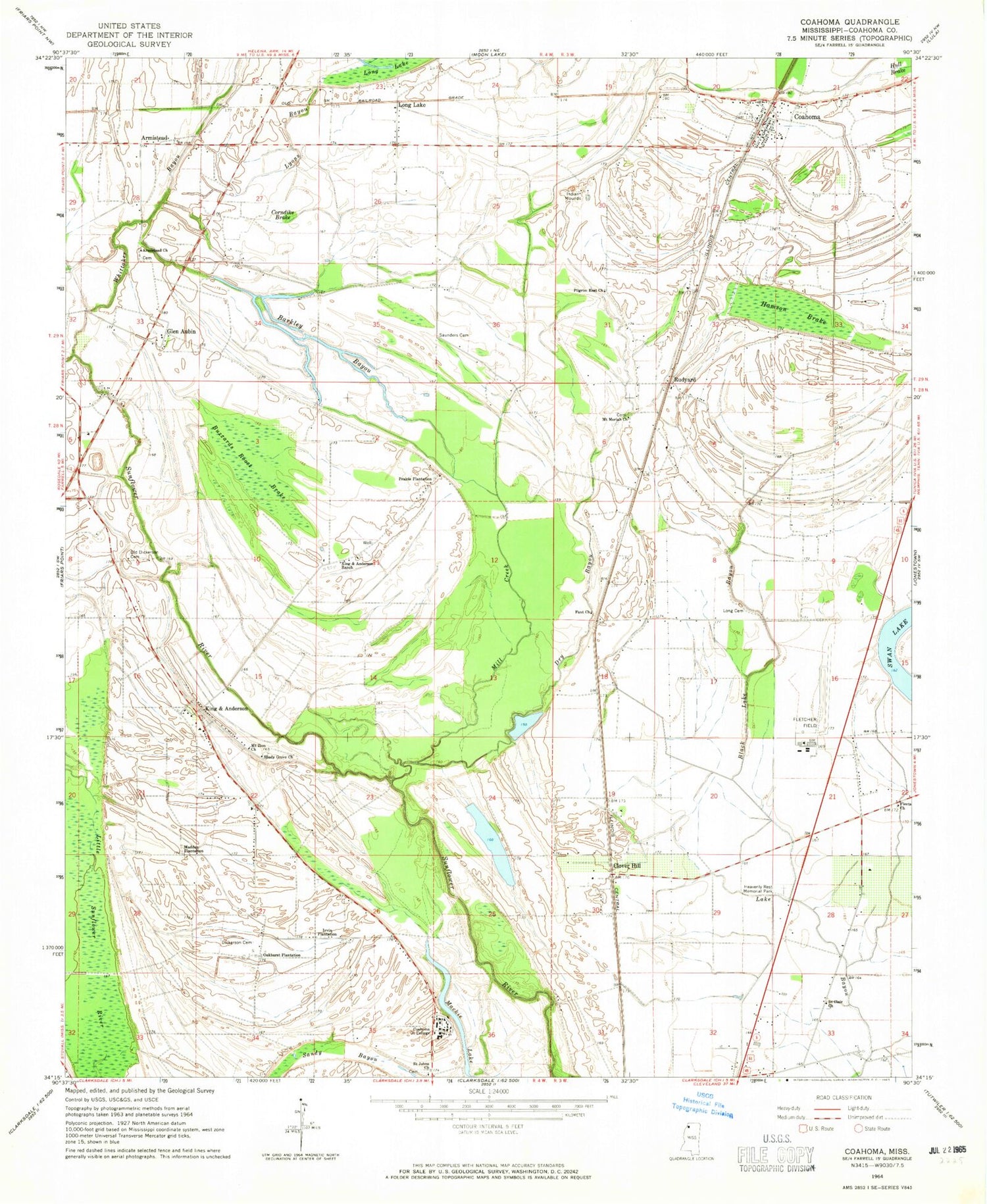 Classic USGS Coahoma Mississippi 7.5'x7.5' Topo Map Image
