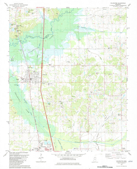 Classic USGS Coldwater Mississippi 7.5'x7.5' Topo Map Image