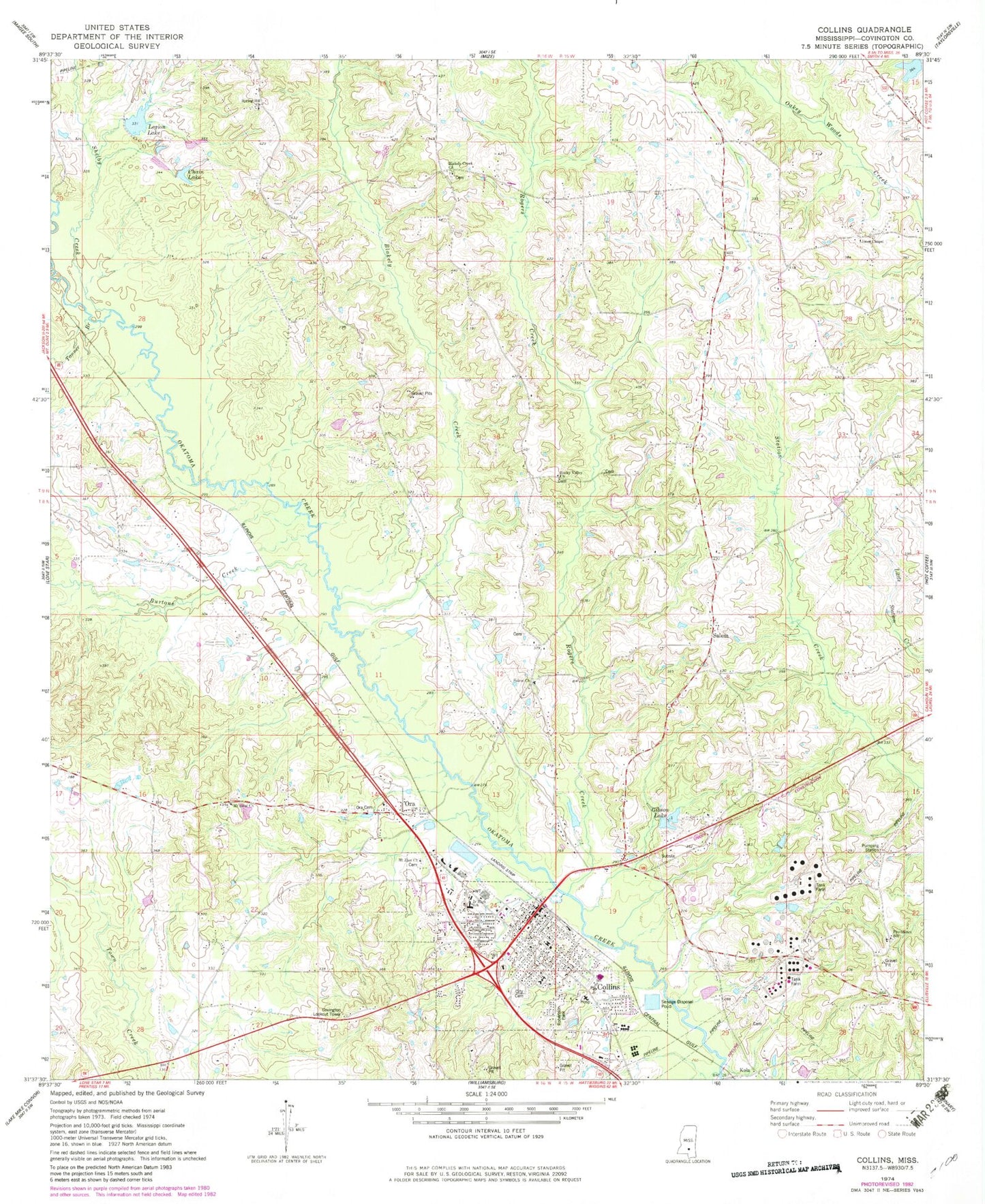 Classic USGS Collins Mississippi 7.5'x7.5' Topo Map Image
