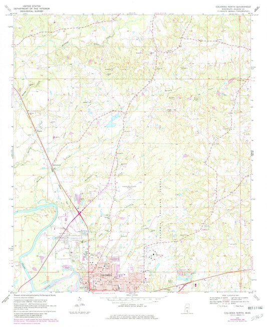 Classic USGS Columbia North Mississippi 7.5'x7.5' Topo Map Image