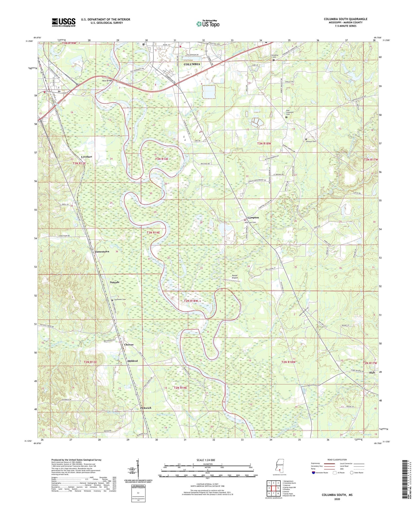 Columbia South Mississippi US Topo Map Image