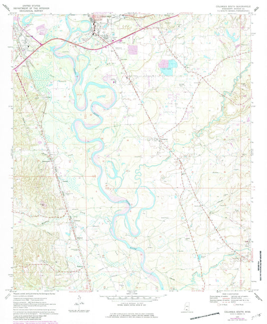 Classic USGS Columbia South Mississippi 7.5'x7.5' Topo Map Image