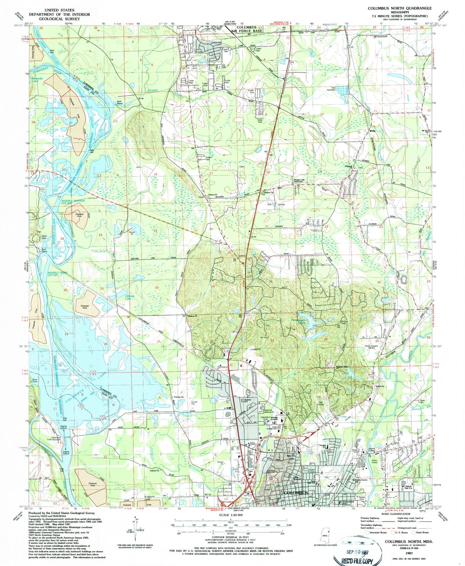 Classic USGS Columbus North Mississippi 7.5'x7.5' Topo Map Image