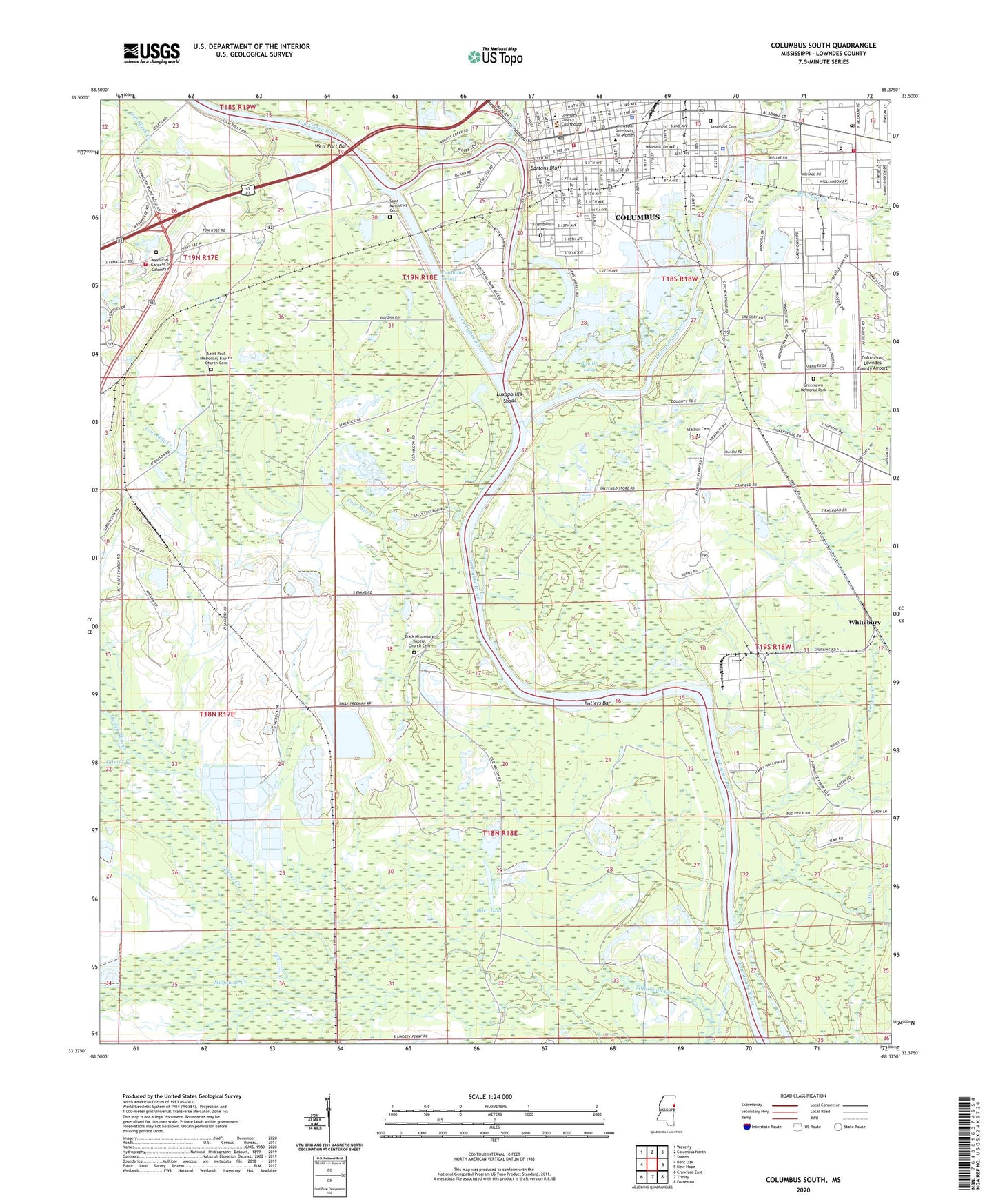 Columbus South Mississippi US Topo Map Image