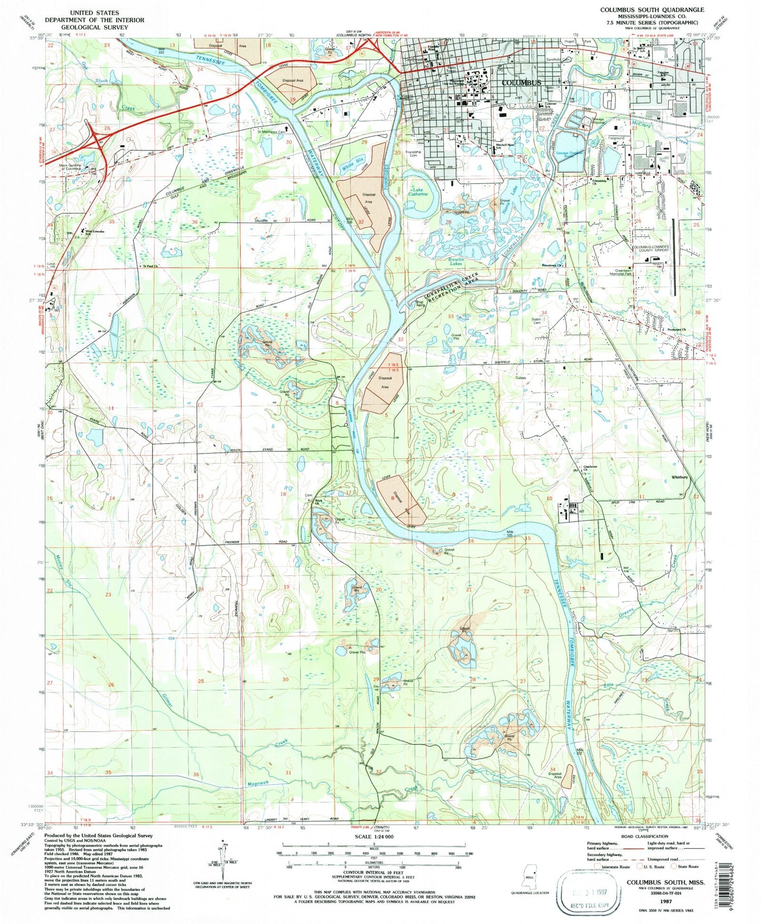 Classic USGS Columbus South Mississippi 7.5'x7.5' Topo Map Image