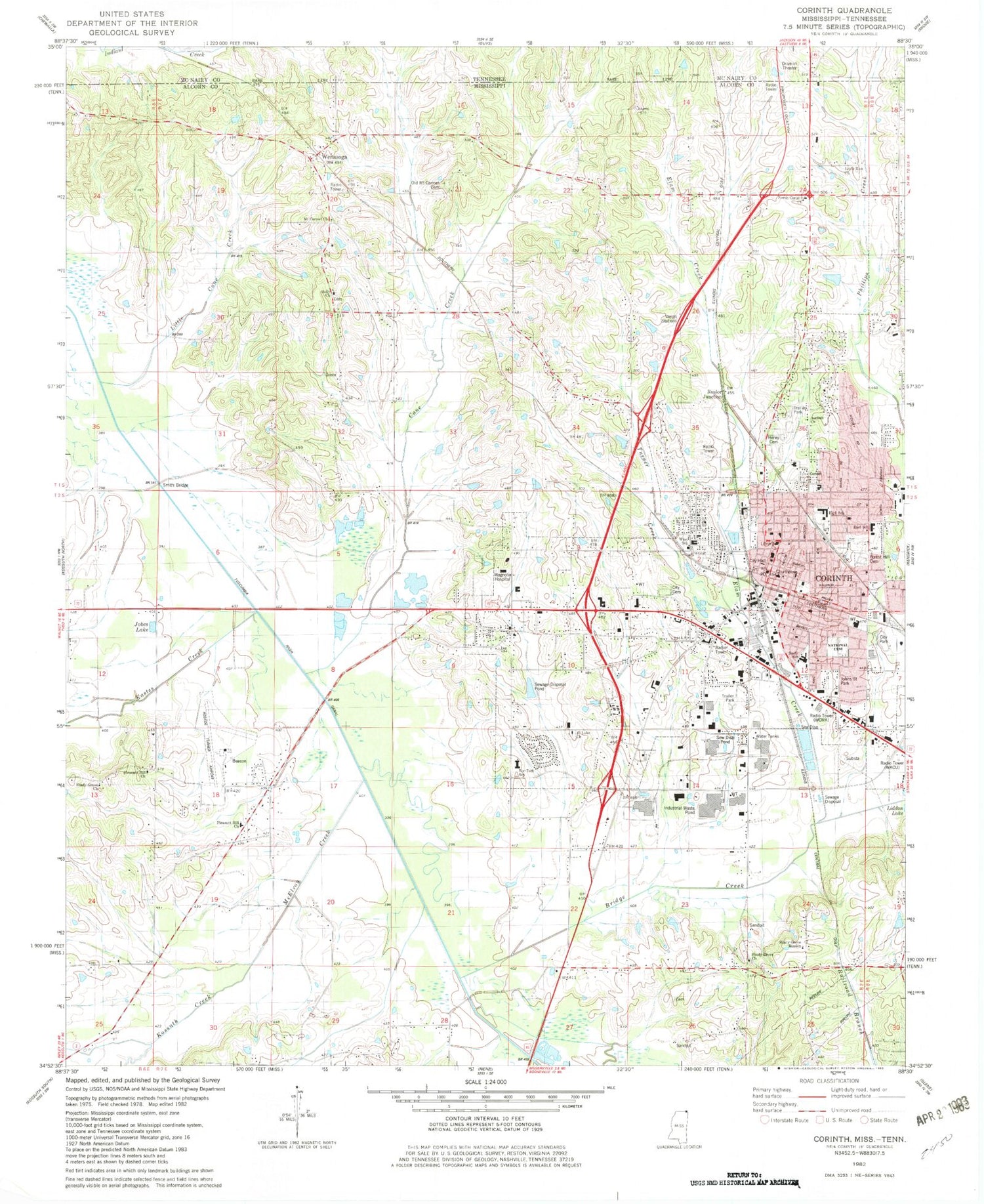 Classic USGS Corinth Mississippi 7.5'x7.5' Topo Map Image