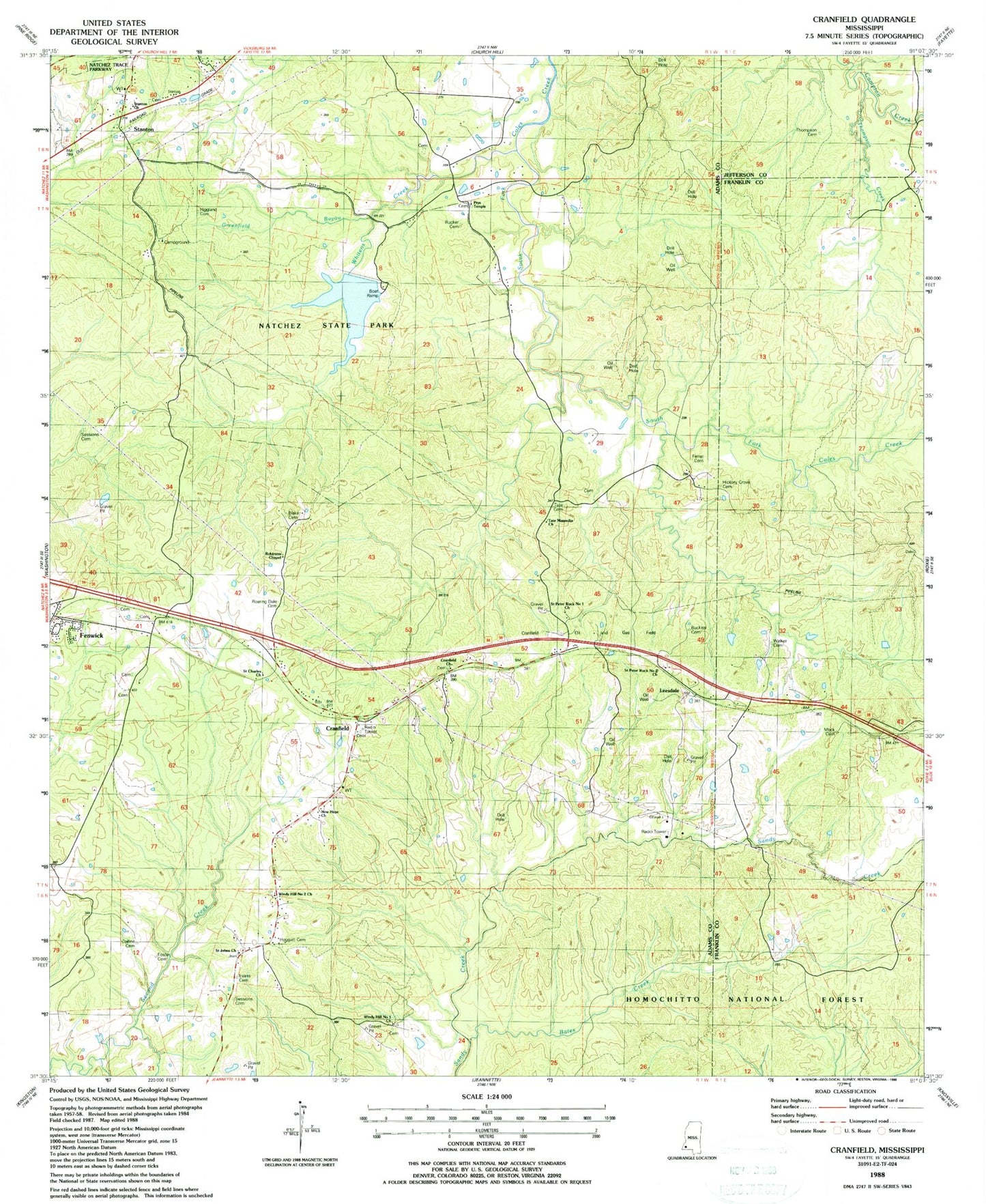 Classic USGS Cranfield Mississippi 7.5'x7.5' Topo Map Image