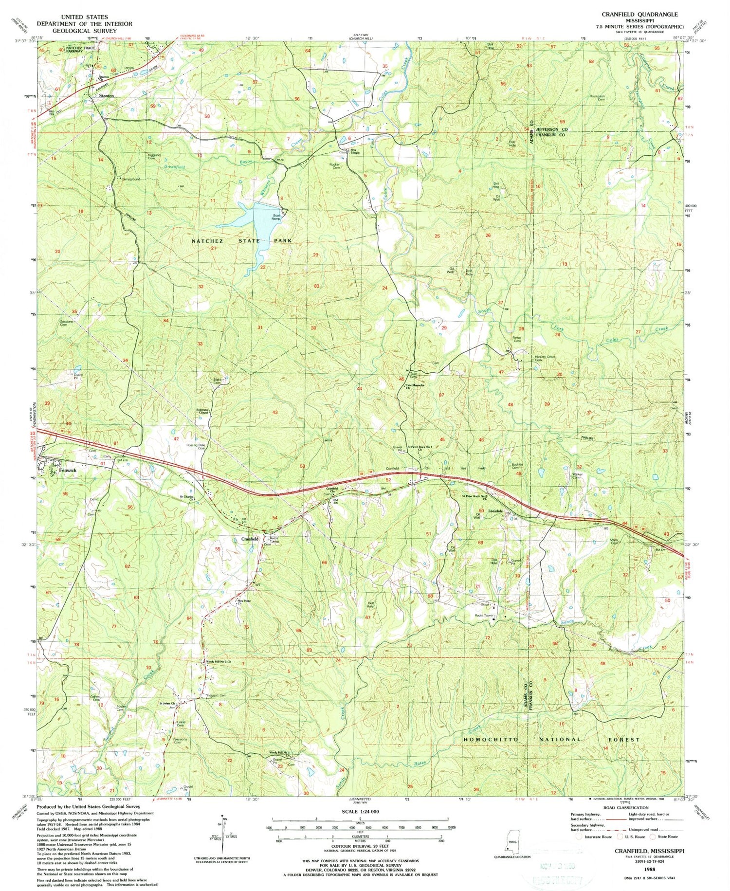 Classic USGS Cranfield Mississippi 7.5'x7.5' Topo Map Image