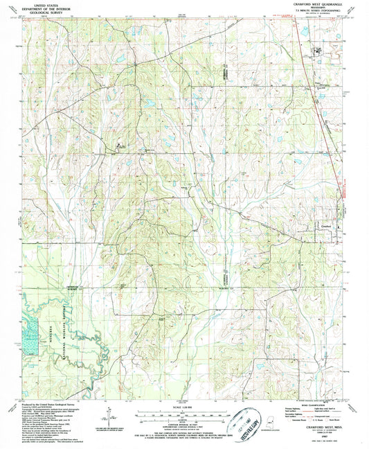 Classic USGS Crawford West Mississippi 7.5'x7.5' Topo Map Image