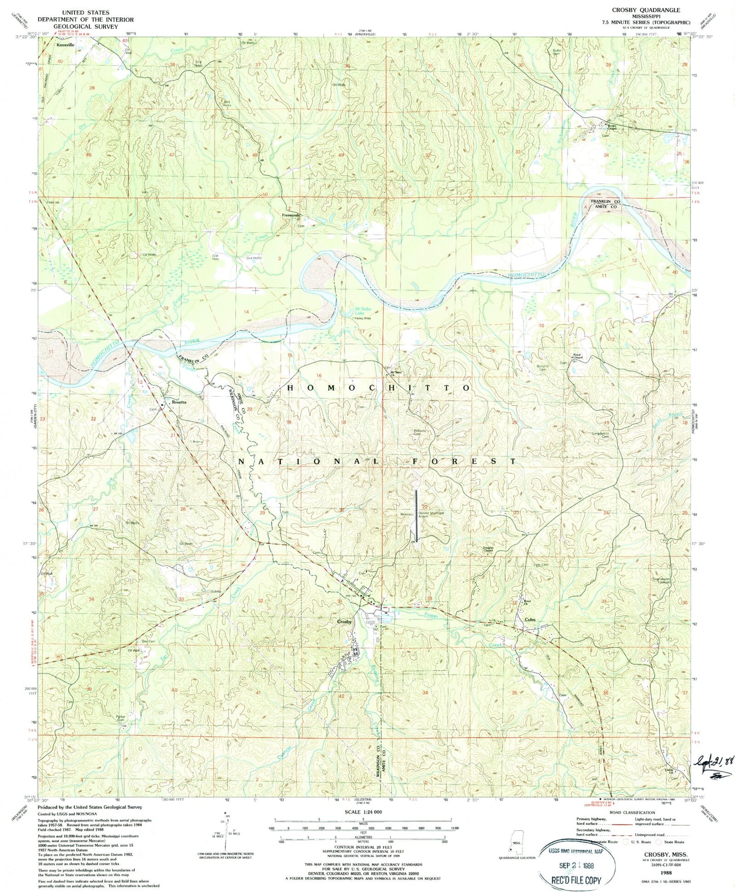 Classic USGS Crosby Mississippi 7.5'x7.5' Topo Map Image