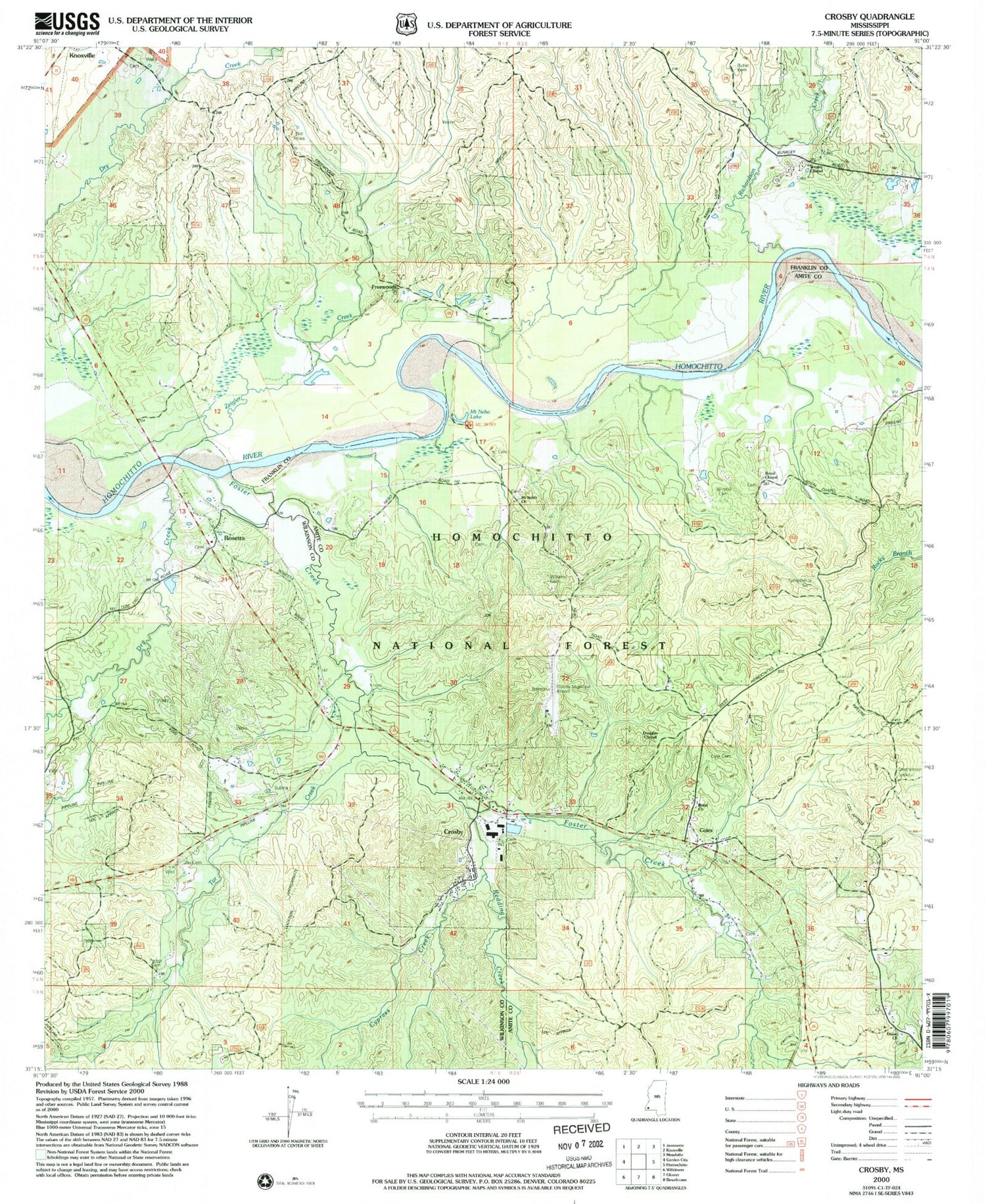 Classic USGS Crosby Mississippi 7.5'x7.5' Topo Map Image
