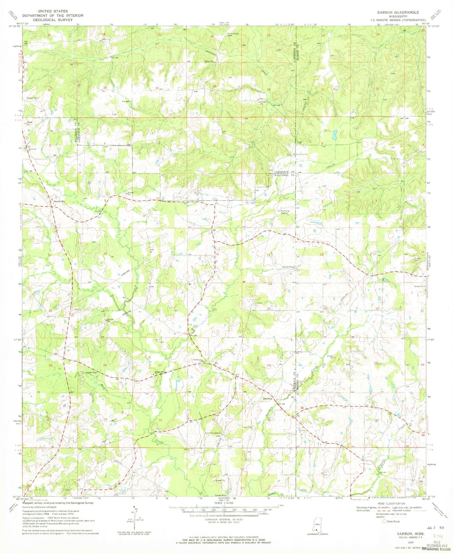 Classic USGS Darbun Mississippi 7.5'x7.5' Topo Map Image