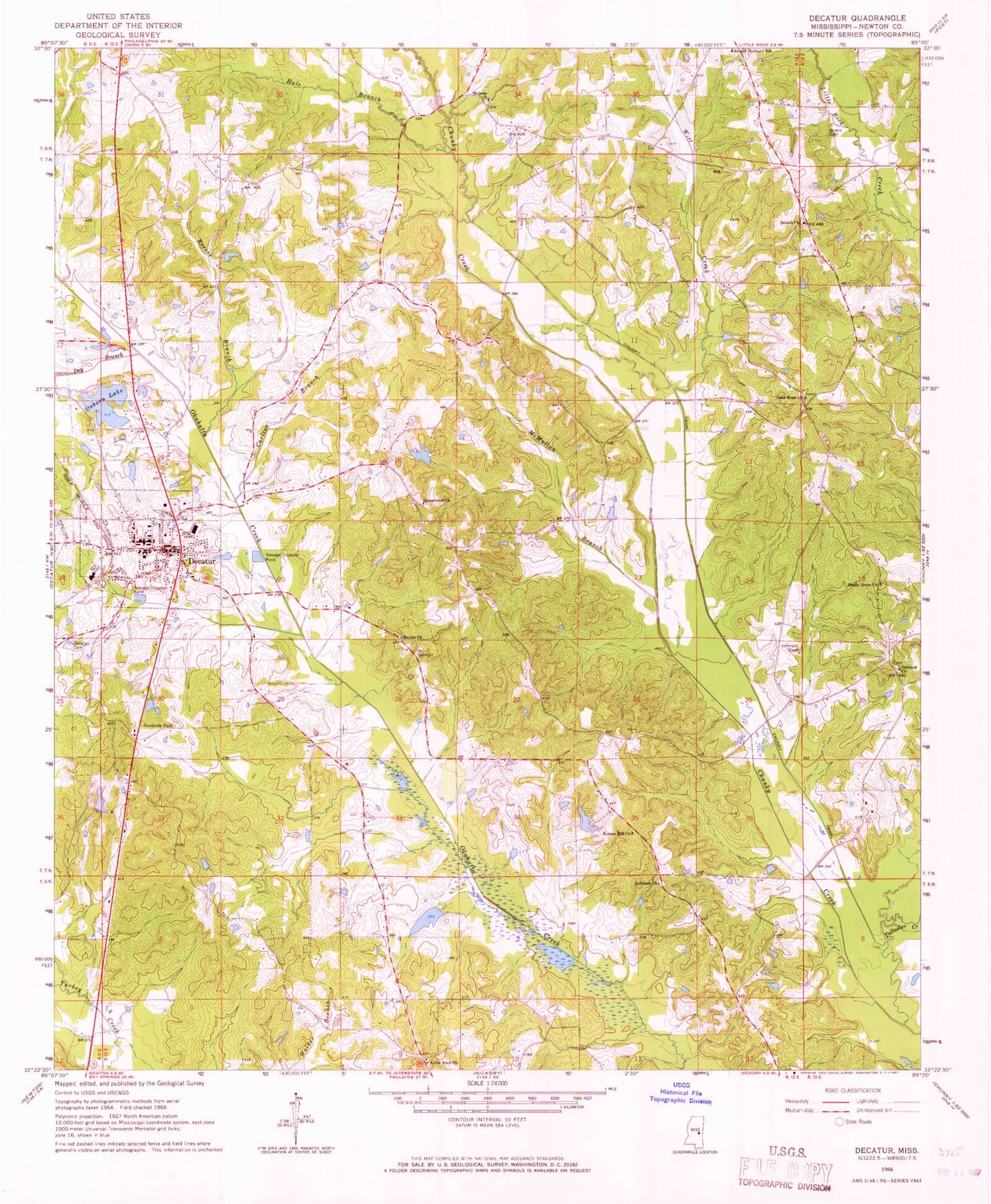 Classic USGS Decatur Mississippi 7.5'x7.5' Topo Map Image