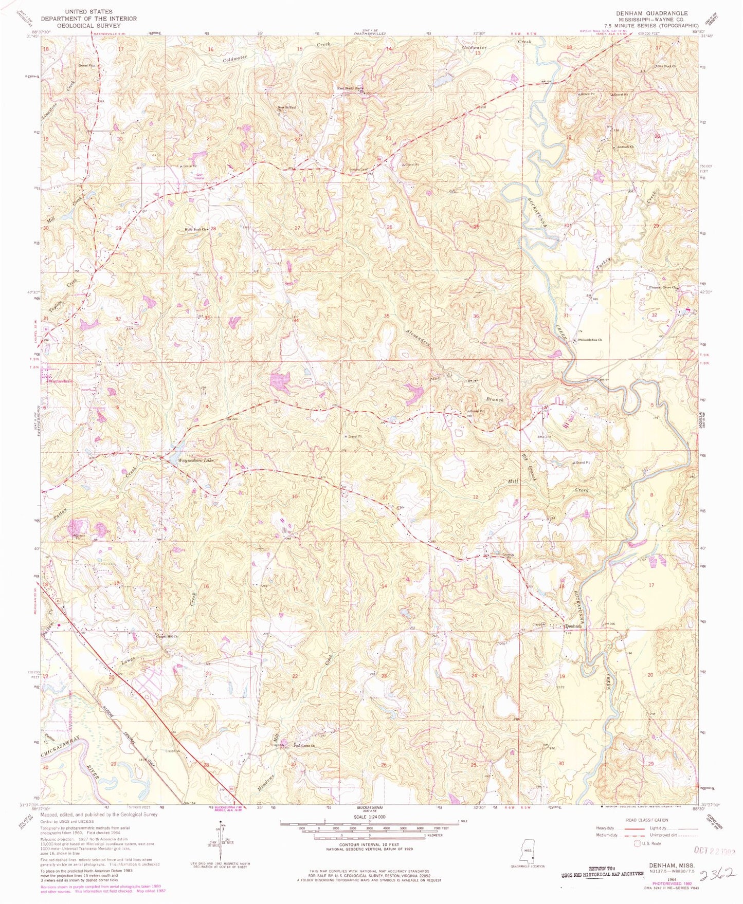 Classic USGS Denham Mississippi 7.5'x7.5' Topo Map Image