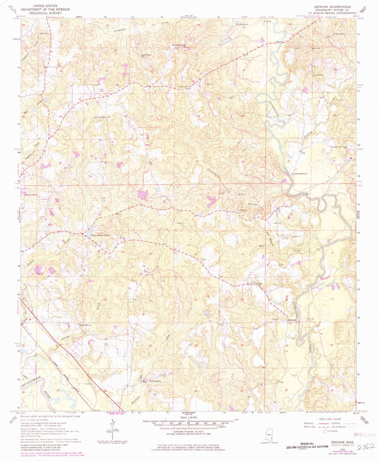 Classic USGS Denham Mississippi 7.5'x7.5' Topo Map Image