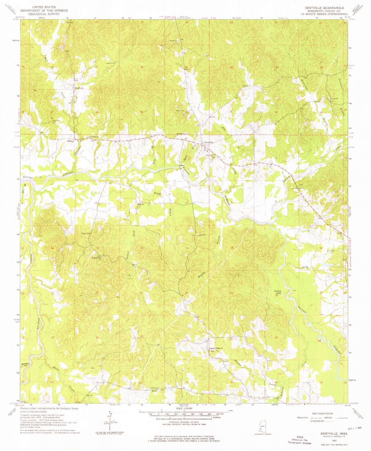 Classic USGS Dentville Mississippi 7.5'x7.5' Topo Map Image
