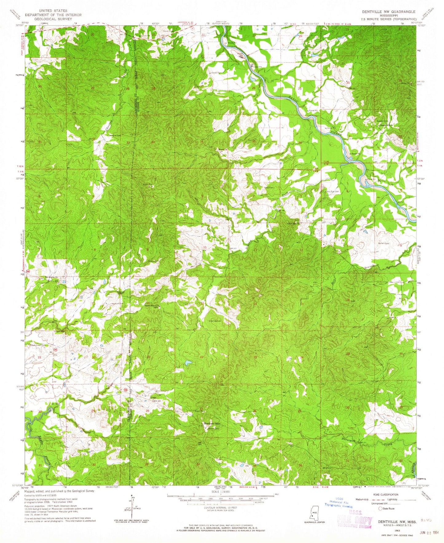 Classic USGS Dentville NW Mississippi 7.5'x7.5' Topo Map Image