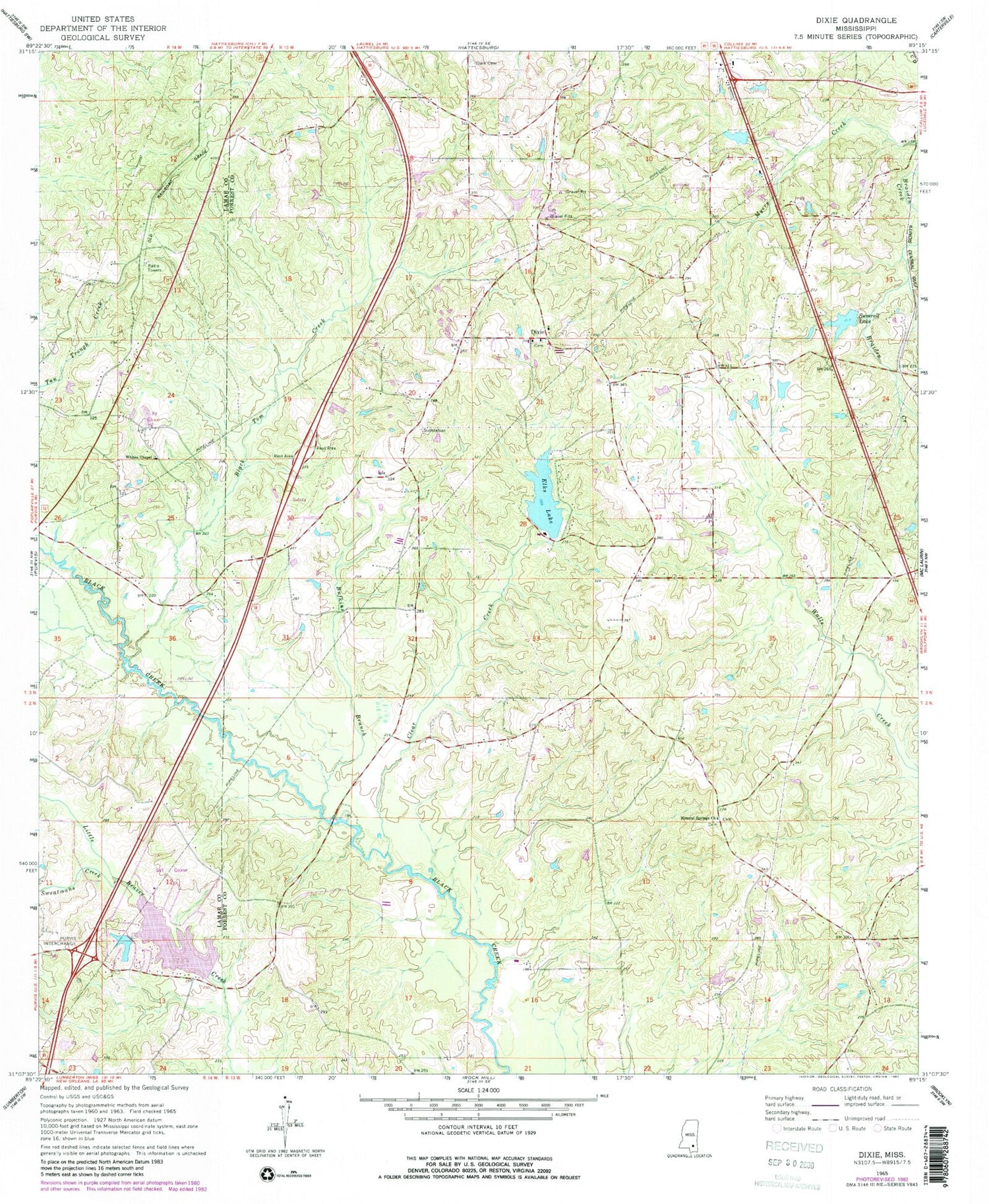Classic USGS Dixie Mississippi 7.5'x7.5' Topo Map Image