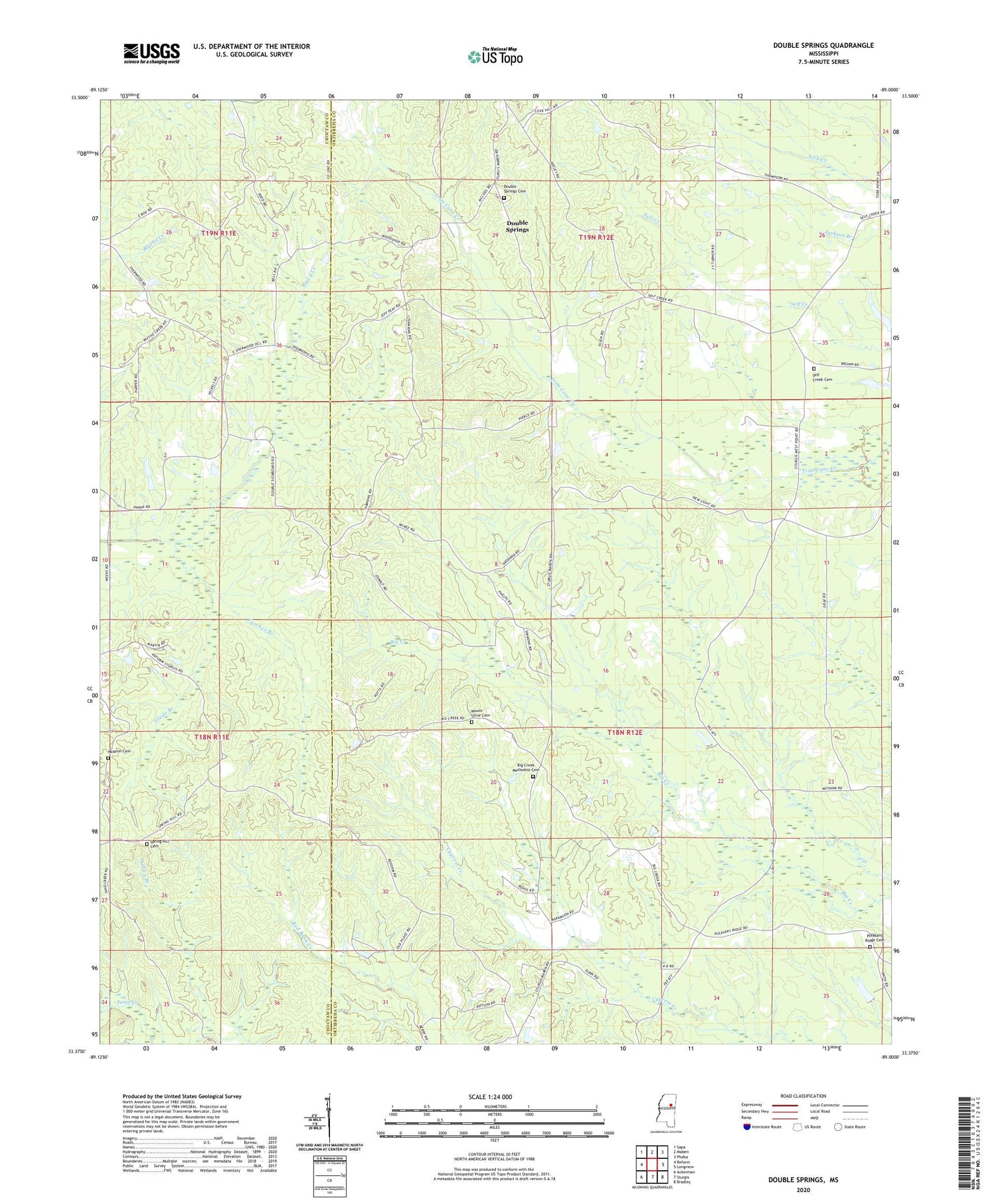 Double Springs Mississippi US Topo Map Image