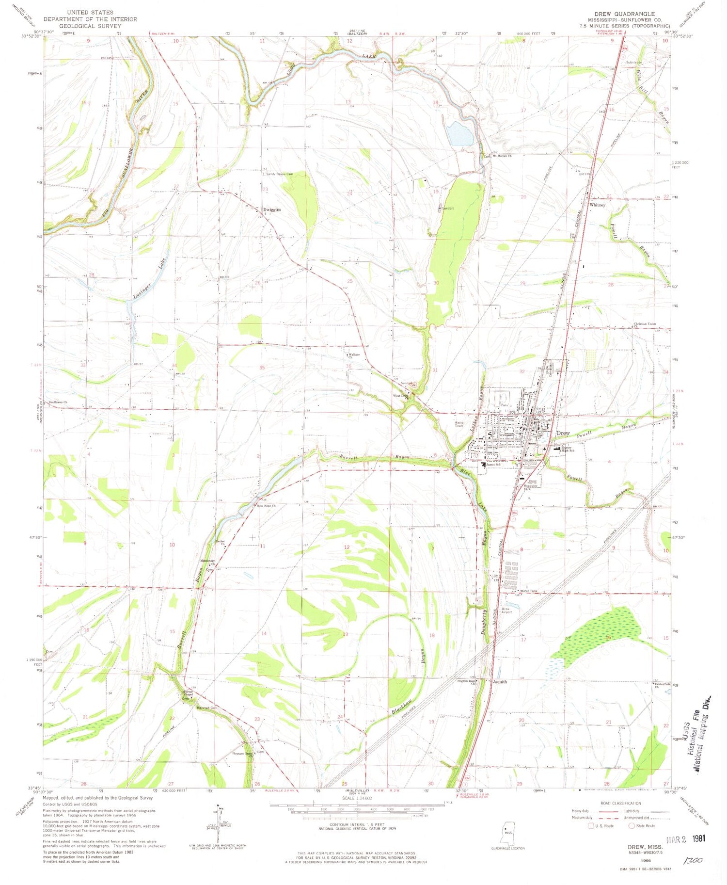 Classic USGS Drew Mississippi 7.5'x7.5' Topo Map Image