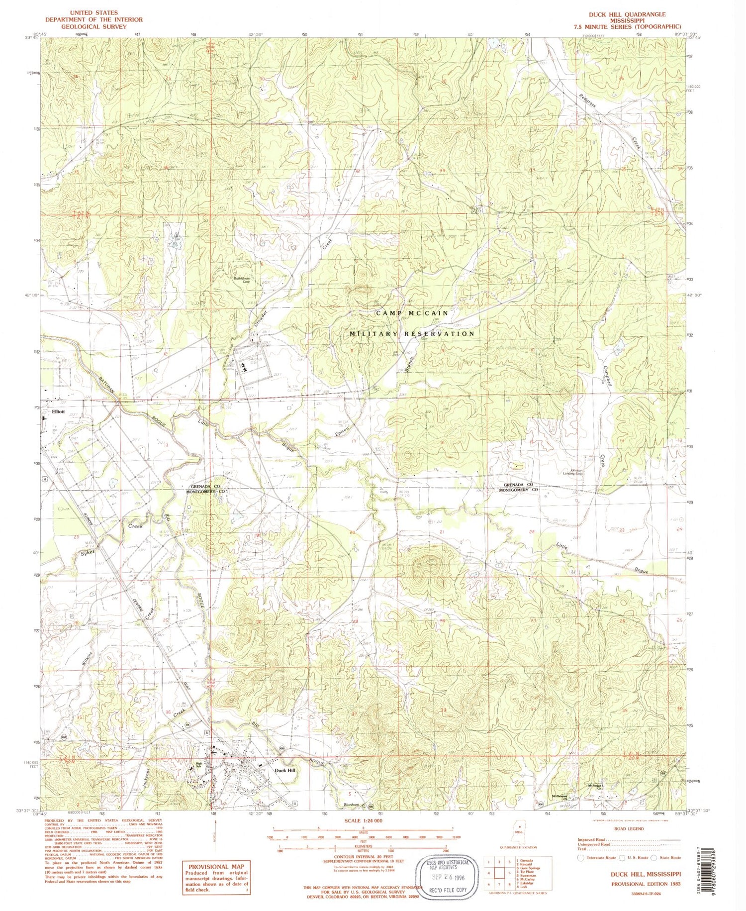 Classic USGS Duck Hill Mississippi 7.5'x7.5' Topo Map Image